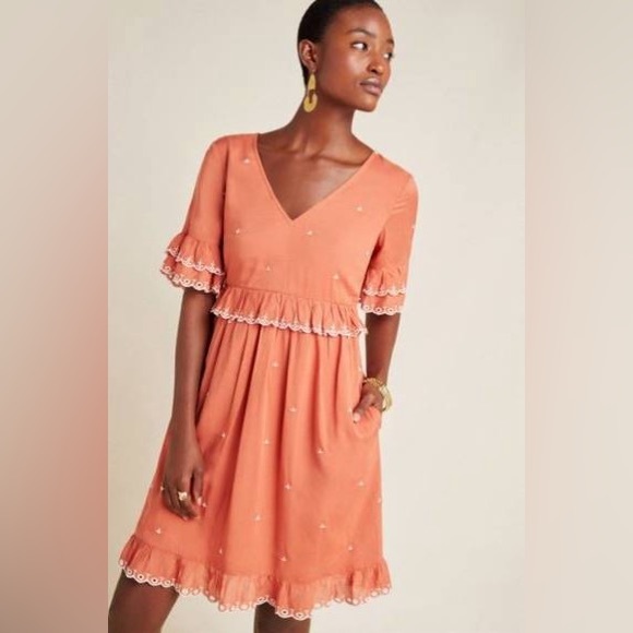 Anthropologie Samia Ruffle Embroidered Short Sleeve V Neck Tunic Dress - Picture 1 of 7